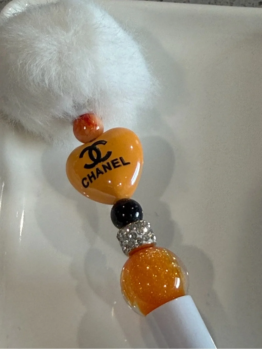 LUXURY INSPIRED White Pen with Orange Heart Charm and Gold Sparkle Bead